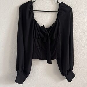 Women's Large Black Top Blouse Sheer Sleeve Corset Empire Waist Bow Cropped